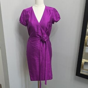 J. Crew Vintage 100% Silk Magenta Wrap Midi Dress with Rosette Tie